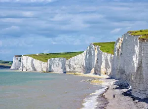 English Channel Landmarks Prints: Seven Sisters Cliffs, elevated view, Birling Gap, East Sussex, England, United Kingdom