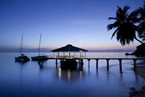 Seychelles, Praslin Island, Anse Bois de Rose, pier at the Coco de Mer hotel, sunset Seychelles, Praslin Island, Anse Bois de Rose, pier at the Coco de Mer hotel, sunset