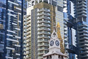 Singapore, Lau Pa Sat Festival Market Clock Tower and Modern Buildings Singapore, Lau Pa Sat Festival Market Clock Tower and Modern Buildings