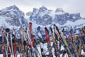 Ski rack outside a mountain restuarant above Colfosco village in the Sella Ronda ski area Ski rack outside a mountain restuarant above Colfosco village in the Sella Ronda ski area