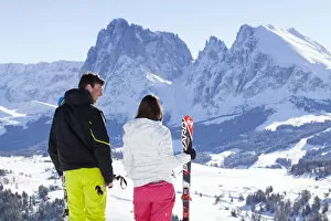 Alpe Di Siusi Collection: two skier are in front of the Langkofel Group in a beautiful sunny day, Bolzano province
