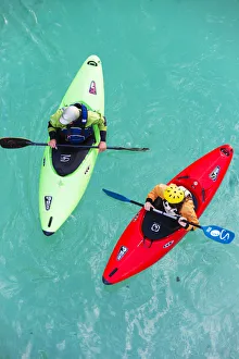 Slovenia, Goriska Region, Bovec. Kayakers on the Soca River Slovenia, Goriska Region, Bovec. Kayakers on the Soca River
