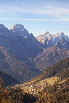 The small village of Collina seen from the valley under Volai Pass, Carnic Alps The small village of Collina seen from the valley under Volai Pass, Carnic Alps