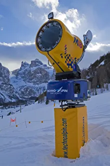 Snow Cannon on the slopes of Colfosco village in the Sella Ronda ski area, Val Gardena Snow Cannon on the slopes of Colfosco village in the Sella Ronda ski area, Val Gardena