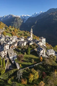 Valley Collection: Soglio at sunset in autumn. Maloja district, Canton of Graubunden, Bregaglia valley, Switzerland