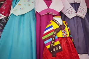 South Korea, Seoul, Namdaemun Market, Display of South Korean Hanbok Dresses South Korea, Seoul, Namdaemun Market, Display of South Korean Hanbok Dresses