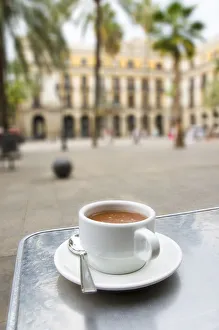 Spain, Barcelona, Placa Reial, cup of coffee Spain, Barcelona, Placa Reial, cup of coffee