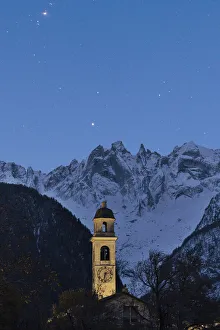 Starry Night Sky Switzerland Prints: Starry sky over the bell tower and Sciore mountain range