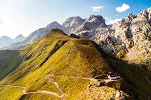 Summer sunset at the Rifugio Marinelli, below the Monte Coglians and the Creta delle Summer sunset at the Rifugio Marinelli, below the Monte Coglians and the Creta delle