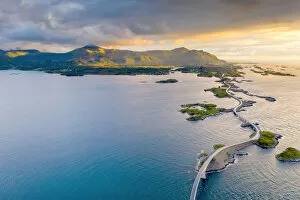 Norway Collection: Sunset over the Atlantic Road connecting mainland and islands, aerial view