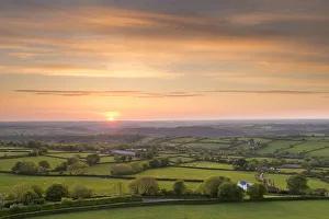 Uk Rural Scenery Prints: Sunset over beautiful rolling Devon countryside, Devon, England. Summer (June)