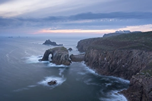 Cornwall Cliffs Prints: Sunset over the dramatic cliffs of Lands End, Cornwall, England. Autumn (September)