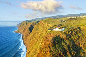 Madeira Lighthouse Prints: Sunset over Ponta do Pargo lighthouse on top of cliffs, aerial view, Calheta, Madeira