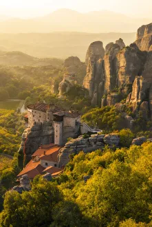 Rock Formations In Greece Prints: Sunset at Viewpoint of a monastery in Meteora, Tessaglia, Greece