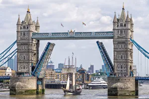 UK Suspension Bridges Prints: Tall Ship Oosterschelde passing through the Tower Bridge, London, England
