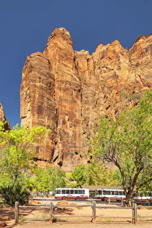 Tourist bus at Temple of Sinawawa, Zion National Park, Colorado Plateau, Utah, USA Tourist bus at Temple of Sinawawa, Zion National Park, Colorado Plateau, Utah, USA