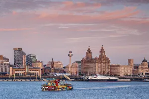 River Mersey Prints: Dazzle Ship Print: Liverpool Skyline and Mersey Ferry