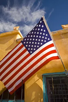 USA, New Mexico, Albuquerque, Old Town, Shop and flag USA, New Mexico, Albuquerque, Old Town, Shop and flag