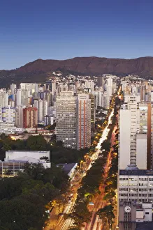 View of Avenida Afonso Pena and city skyline at dusk, Belo Horizonte, Minas Gerais View of Avenida Afonso Pena and city skyline at dusk, Belo Horizonte, Minas Gerais