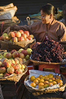 A woman sells a delicious selection of fresh fruit at Sittwes bustling market A woman sells a delicious selection of fresh fruit at Sittwes bustling market