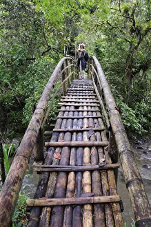 Woman standing on bamboo bridge, Terradentro, Colombia, South America Woman standing on bamboo bridge, Terradentro, Colombia, South America