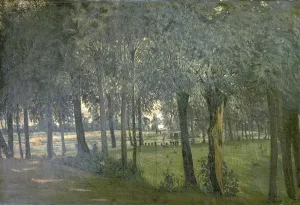 Prints of Artist: Edwards, Edwin - Title: Under the Willows, Sunbury-on-Thames, Middlesex - Date: N/A - Original Medium and Size: Oil on Canvas 64.1 x 94 Middlesex Prints: Under the Willows Print: A serene landscape of trees and a riverbank