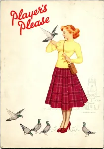 Prints of Players Please large rectangular counter-card featuring an illustration of a woman with a lit cigarette holding a pigeon on her arm with 5 pigeons at her feet against a white background Nottingham Prints: 1952 Players Please Print: Woman with Pigeons