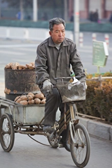 A peasant farmer cycles hius produce to a market in Beijing, China A peasant farmer cycles hius produce to a market in Beijing, China