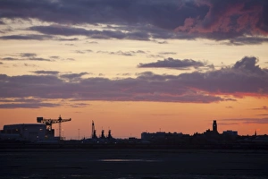 Sunset over Barrow in Furness town and shipyard, Cumbria, UK Sunset over Barrow in Furness town and shipyard, Cumbria, UK