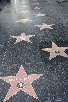 Hollywood Walk of Fame along Hollywood Boulevard showing stars of Charlie Sheen Morgan Freeman & Ricardo Montalban Hollywood Walk of Fame along Hollywood Boulevard showing stars of Charlie Sheen Morgan Freeman & Ricardo Montalban