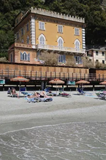 Italy, Liguria, Cinque Terre, Monterosso, hotel & beach scene Italy, Liguria, Cinque Terre, Monterosso, hotel & beach scene