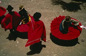 PERU Puno Lake Titicaca Aymara Andean Indian dancers wearing red skirts PERU Puno Lake Titicaca Aymara Andean Indian dancers wearing red skirts