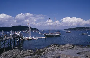 USA, Maine, Bar Harbour Wooden jetty with approaching yacht USA, Maine, Bar Harbour Wooden jetty with approaching yacht