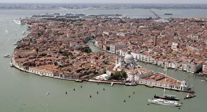 An aerial view shows Punta della Dogana Francois Pinault Foundation at Venice lagoon An aerial view shows Punta della Dogana Francois Pinault Foundation at Venice lagoon