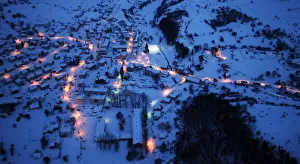 An aerial view of the small eastern city of Kalinovik covered by snow during winter at An aerial view of the small eastern city of Kalinovik covered by snow during winter at