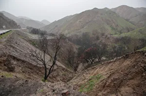An area of La Tuna Canyon Road where a section of the hillside near the road fell An area of La Tuna Canyon Road where a section of the hillside near the road fell