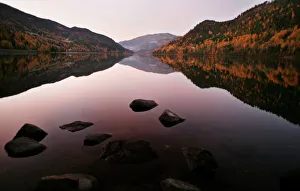 Autumn leaves are reflected in the still waters of a fjord as the sun rises west of Autumn leaves are reflected in the still waters of a fjord as the sun rises west of