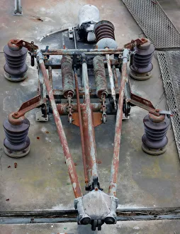 A catenary is seen on a train locomotive parked at a so-called train cemetery inside a A catenary is seen on a train locomotive parked at a so-called train cemetery inside a