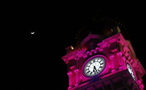 Crescent moon hangs over clock tower of Malaysias landmark Sultan Abdul Samad Building Crescent moon hangs over clock tower of Malaysias landmark Sultan Abdul Samad Building