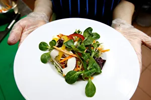 Employee holds a salad prepared in vegetarian restaurant Green Cuisine in Minsk Employee holds a salad prepared in vegetarian restaurant Green Cuisine in Minsk