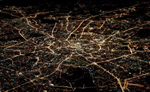 A general view of night Moscow is seen from the window of a passenger jet A general view of night Moscow is seen from the window of a passenger jet
