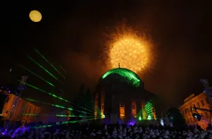 Prints of Fireworks explode over the main square of Pecs, 196 kms (122 miles) south of Budapest, January 10, 2010 as Pecs celebrates becoming one of the three cultural capitals of Europe in 2010 Hungary Prints: Fireworks explode over Pecs main square, January 10, 2010 Print