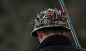 Images Dated 15th January 2018: Lures are seen on an anglers hat on the opening day of the salmon fishing season on the