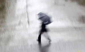 Man with an umbrella crosses a road in central Sydney Man with an umbrella crosses a road in central Sydney