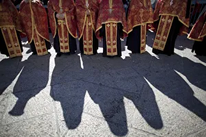 Members of the clergy wait for the Eastern Orthodox Christmas procession in Bethlehem Members of the clergy wait for the Eastern Orthodox Christmas procession in Bethlehem