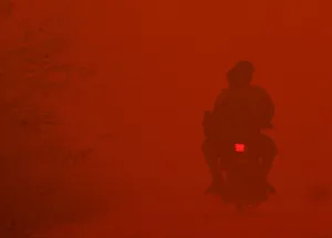 A motorcyclist passes through haze near burnt peat land in Rokan Hilir A motorcyclist passes through haze near burnt peat land in Rokan Hilir