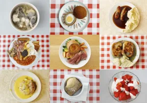 Prints of Jellied eels (top row L-R), scotch eggs, bangers and mash (middle row L-R), a full English breakfast, roast beef and yorkshire pudding, pie and mash in liquor, crumble and custard (bottom row L-R) Sport Prints: A print of British foods shows jellied eels, scotch eggs, bangers and mash