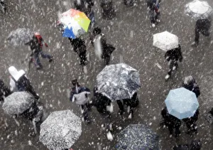 People protect themselves with umbrellas from falling snow in Rome People protect themselves with umbrellas from falling snow in Rome