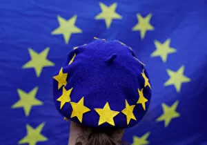 Images Dated 29th March 2017: A protester wearing a Europen Union flag themed beret takes part in an anti-Brexit