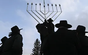Rabbis inspect the setting-up of a large Menorah in front of the Brandenburg Gate in Rabbis inspect the setting-up of a large Menorah in front of the Brandenburg Gate in